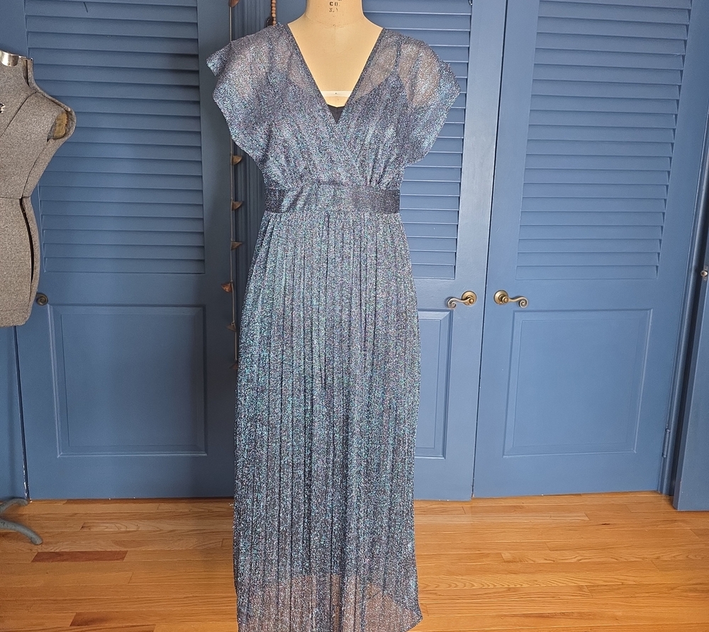 Moulinette Soeurs Iridescent Blue Pleated V‑Neck Maxi Dress
